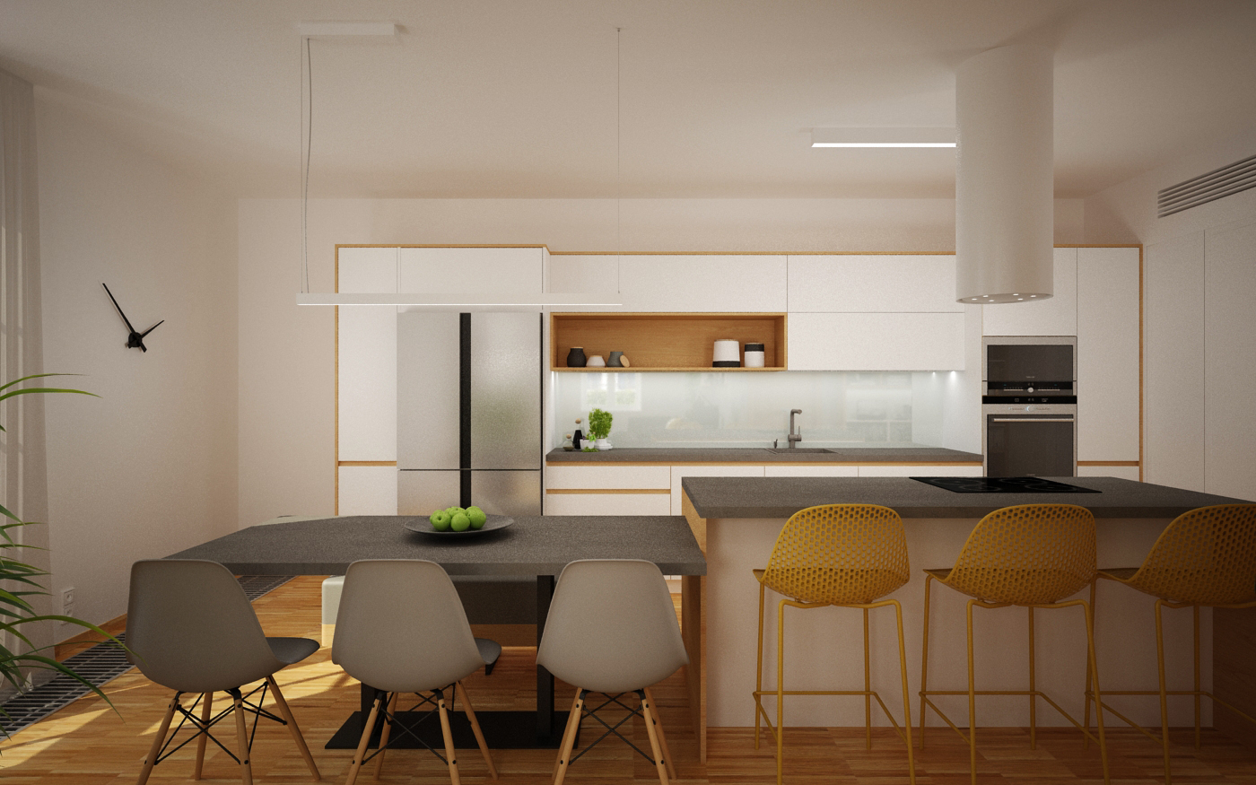 Obývací pokoj s kuchyní kombinace dřeva, šedé a bílé